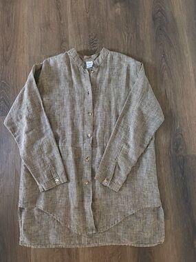 EM 100% Linen Tan Black Houndstooth Band Collar Tunic Blouse Chic Minimalist